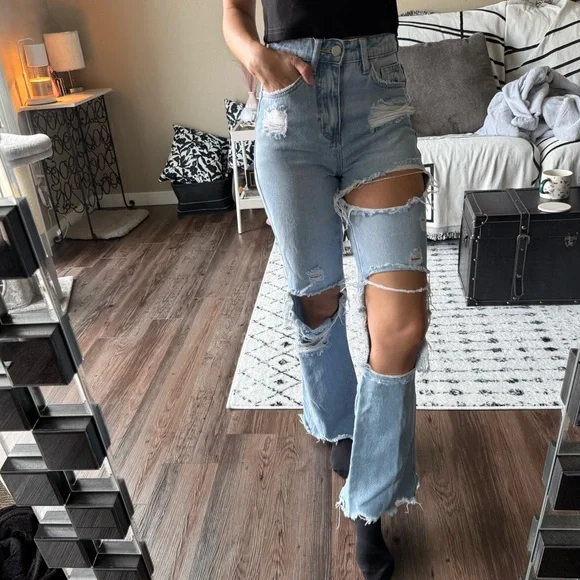 Flying Monkey Ripped Light Blue Flare Jeans - Picture 1 of 5